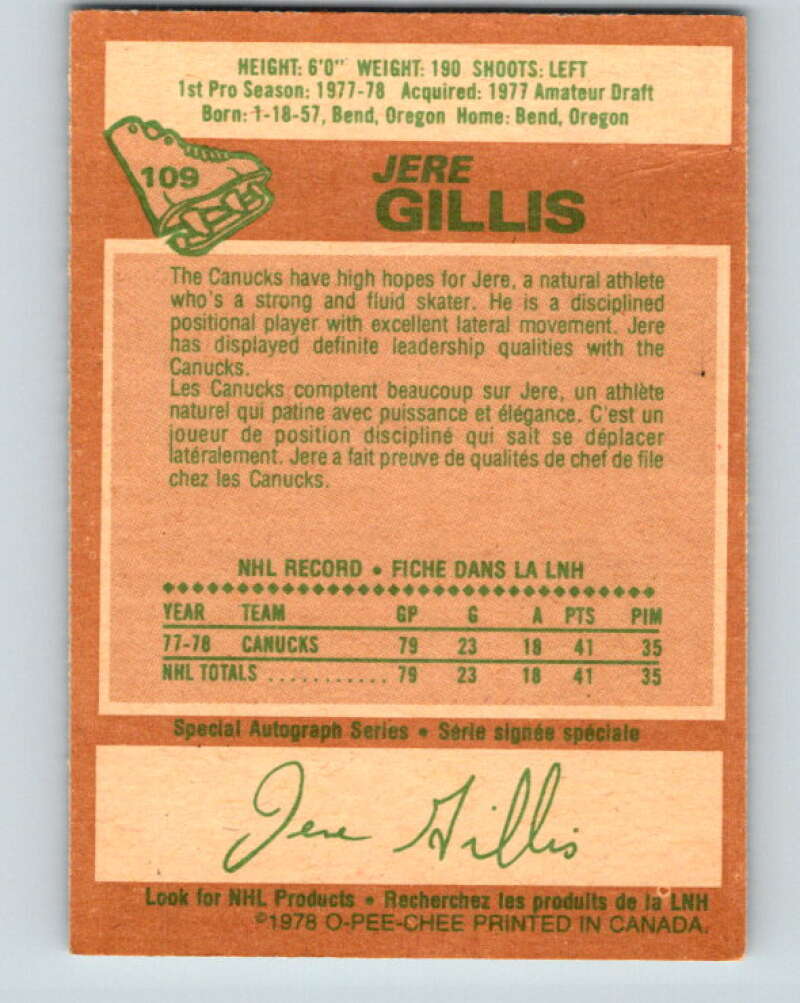 1978-79 O-Pee-Chee #109 Jere Gillis RC Rookie Canucks  V22418
