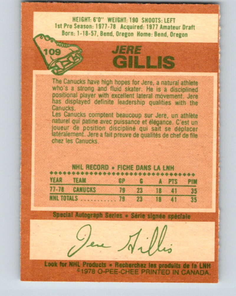 1978-79 O-Pee-Chee #109 Jere Gillis RC Rookie Canucks  V22421