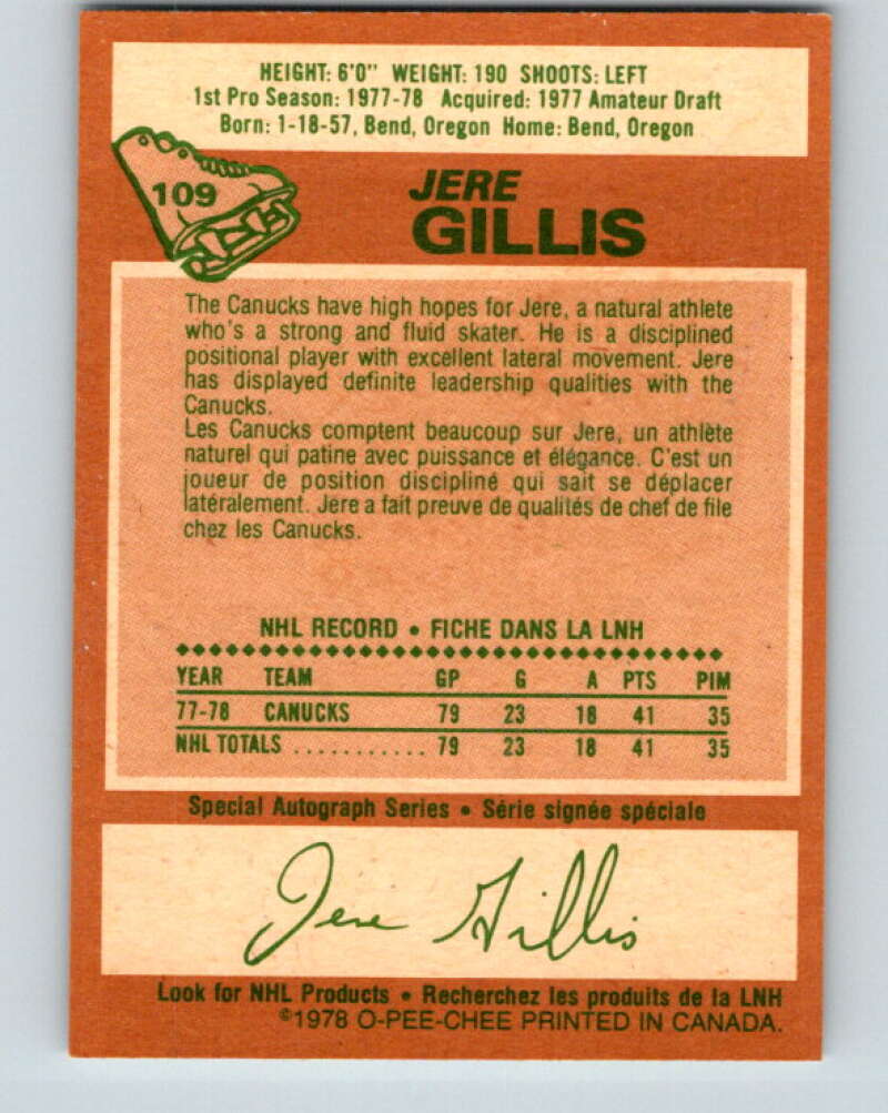 1978-79 O-Pee-Chee #109 Jere Gillis RC Rookie Canucks  V22422