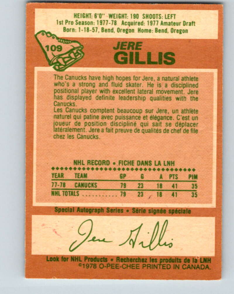 1978-79 O-Pee-Chee #109 Jere Gillis RC Rookie Canucks  V22425