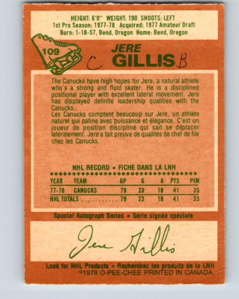 1978-79 O-Pee-Chee #109 Jere Gillis RC Rookie Canucks  V22426