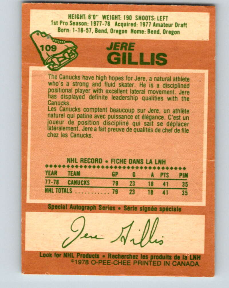 1978-79 O-Pee-Chee #109 Jere Gillis RC Rookie Canucks  V22428