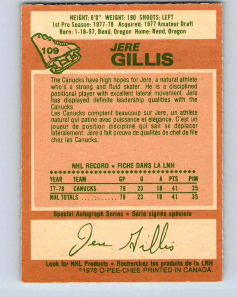 1978-79 O-Pee-Chee #109 Jere Gillis RC Rookie Canucks  V22430
