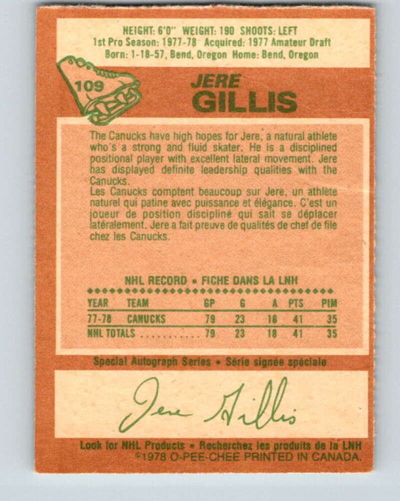 1978-79 O-Pee-Chee #109 Jere Gillis RC Rookie Canucks  V22431