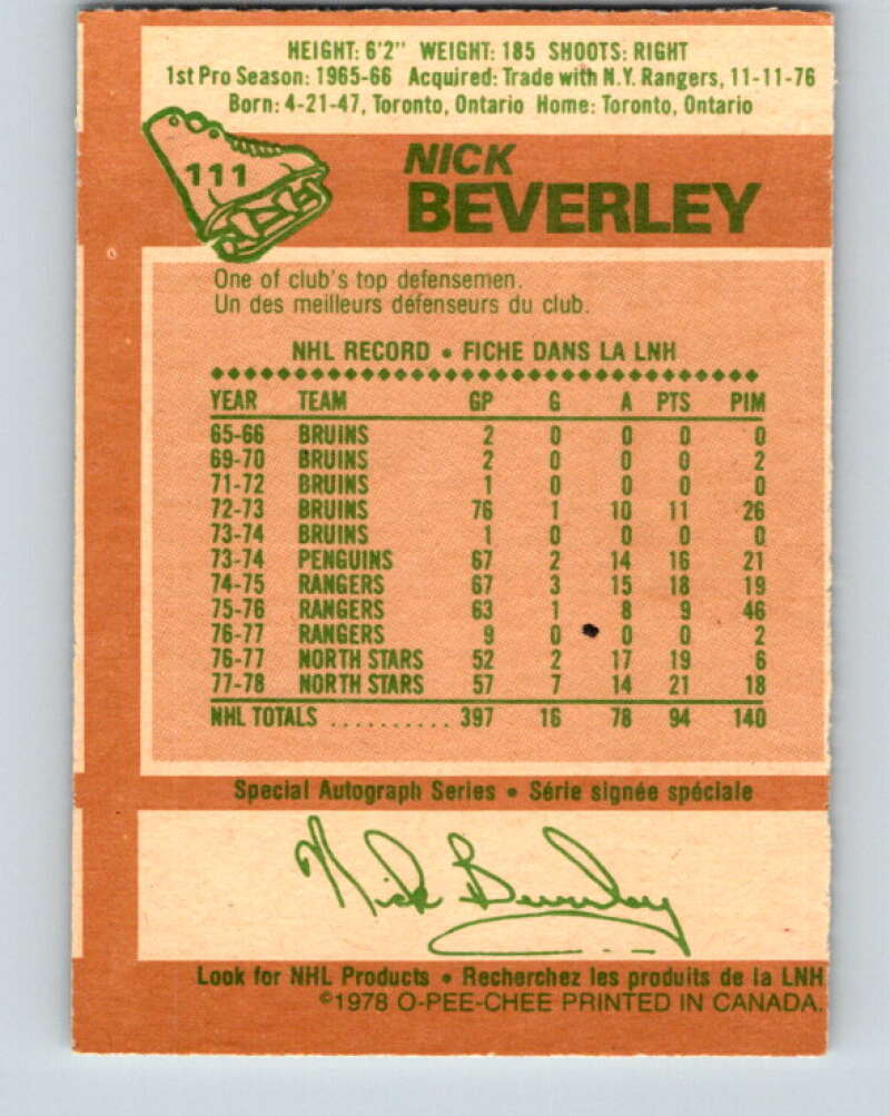 1978-79 O-Pee-Chee #111 Nick Beverley  Los Angeles Kings  V22445