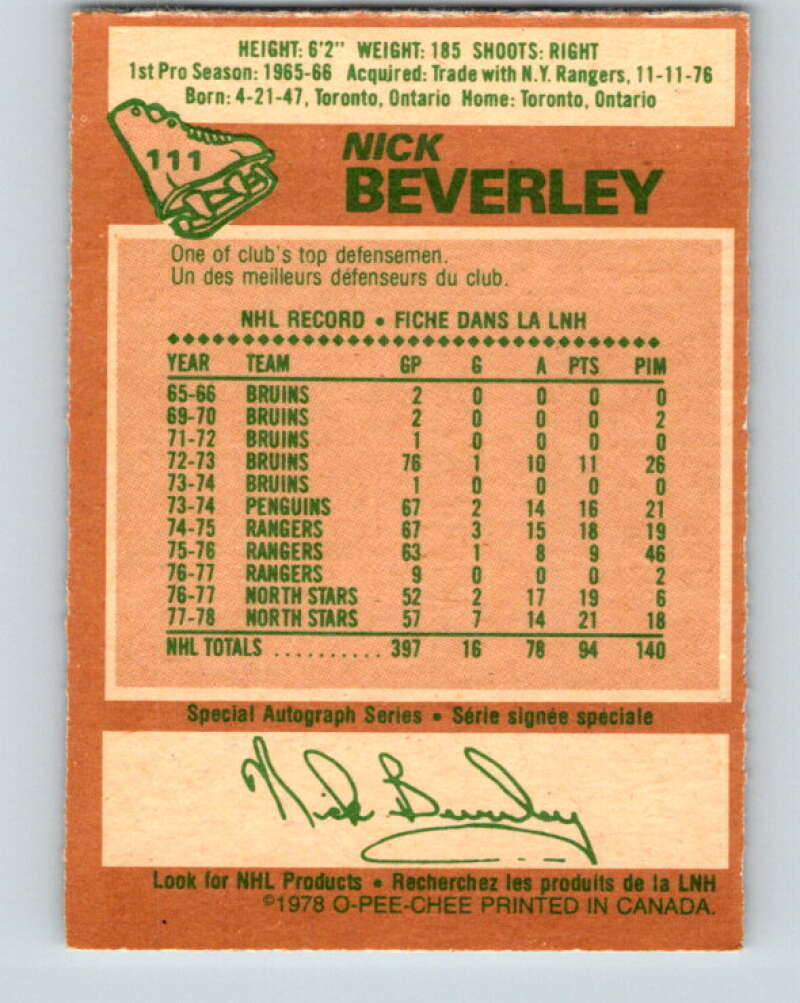 1978-79 O-Pee-Chee #111 Nick Beverley  Los Angeles Kings  V22446