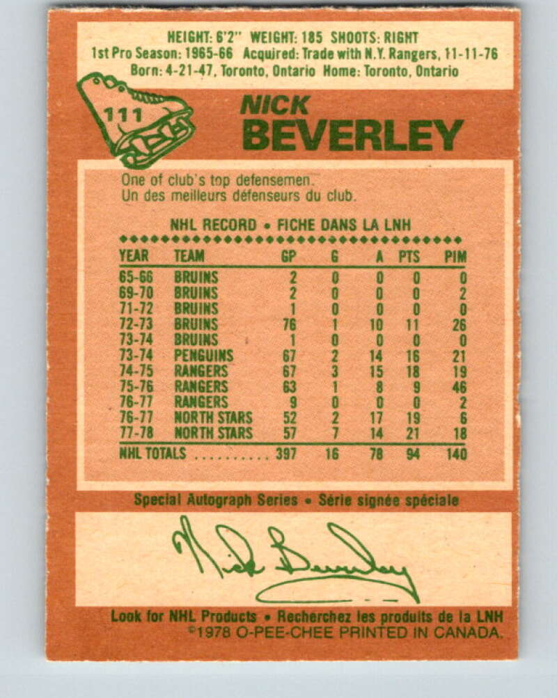 1978-79 O-Pee-Chee #111 Nick Beverley  Los Angeles Kings  V22447