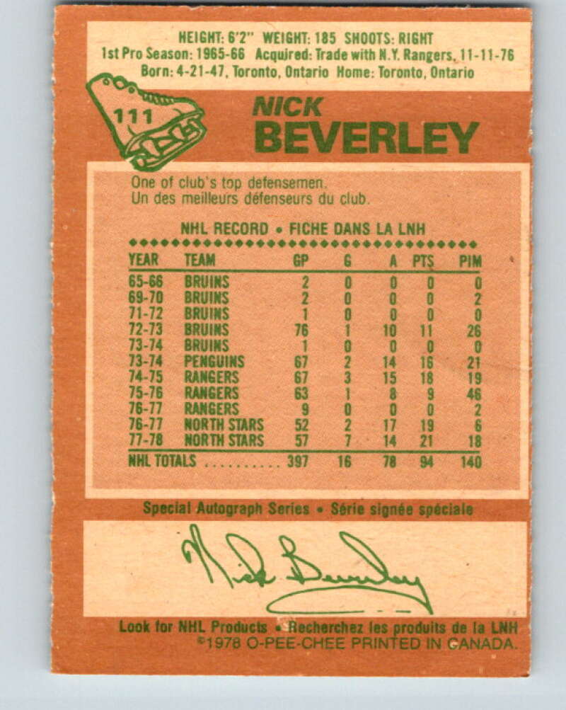 1978-79 O-Pee-Chee #111 Nick Beverley  Los Angeles Kings  V22448