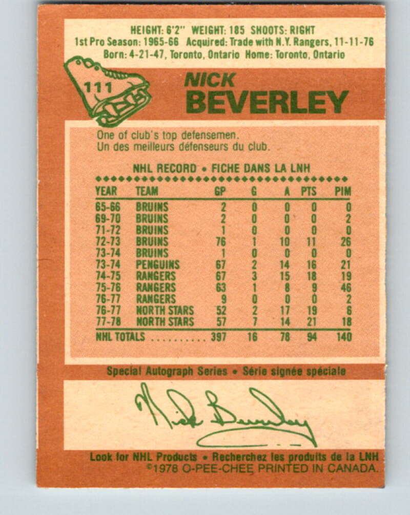 1978-79 O-Pee-Chee #111 Nick Beverley  Los Angeles Kings  V22450