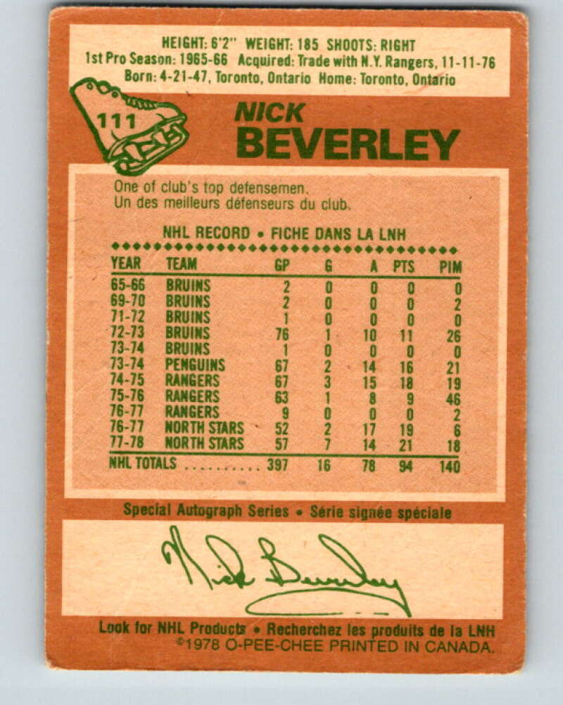 1978-79 O-Pee-Chee #111 Nick Beverley  Los Angeles Kings  V22452