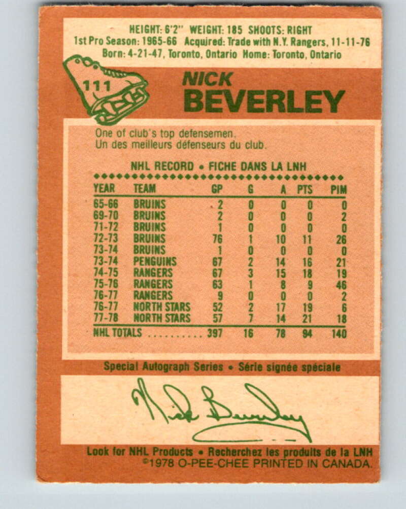 1978-79 O-Pee-Chee #111 Nick Beverley  Los Angeles Kings  V22453