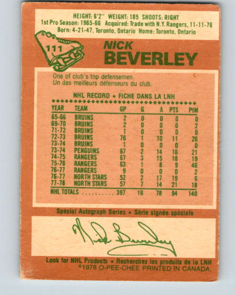 1978-79 O-Pee-Chee #111 Nick Beverley  Los Angeles Kings  V22454