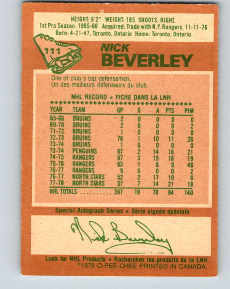 1978-79 O-Pee-Chee #111 Nick Beverley  Los Angeles Kings  V22455