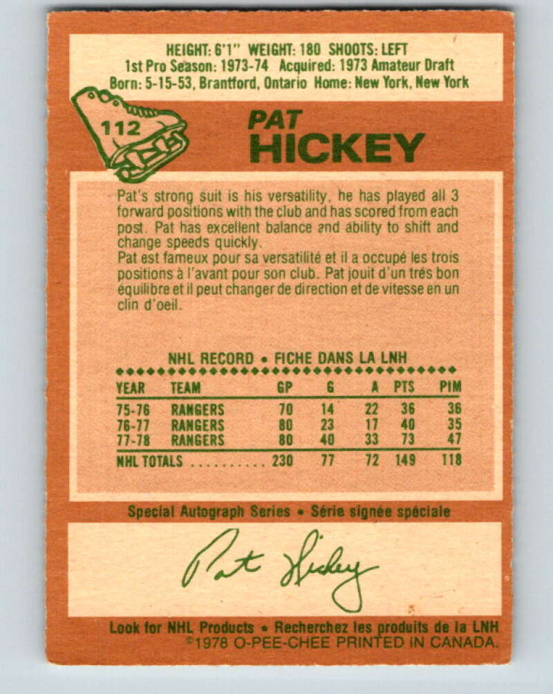 1978-79 O-Pee-Chee #112 Pat Hickey  New York Rangers  V22457