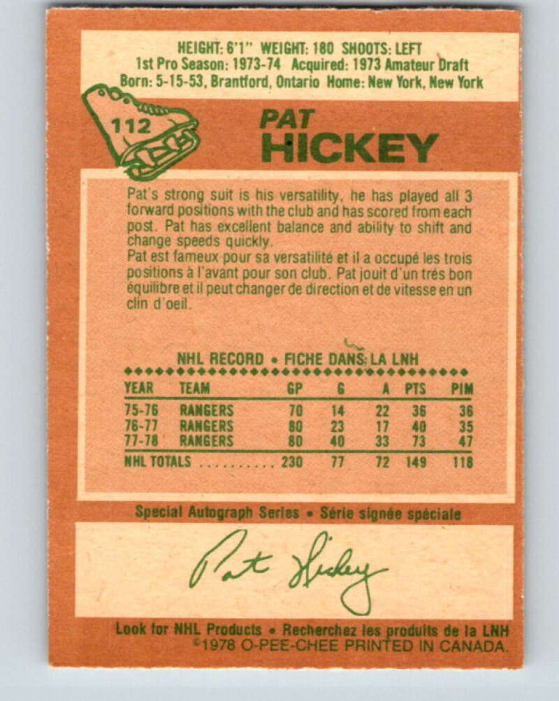 1978-79 O-Pee-Chee #112 Pat Hickey  New York Rangers  V22459