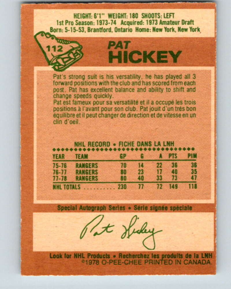 1978-79 O-Pee-Chee #112 Pat Hickey  New York Rangers  V22460