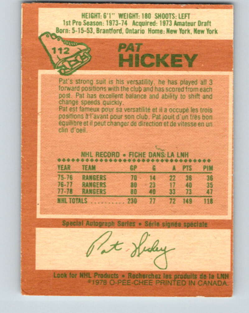 1978-79 O-Pee-Chee #112 Pat Hickey  New York Rangers  V22461