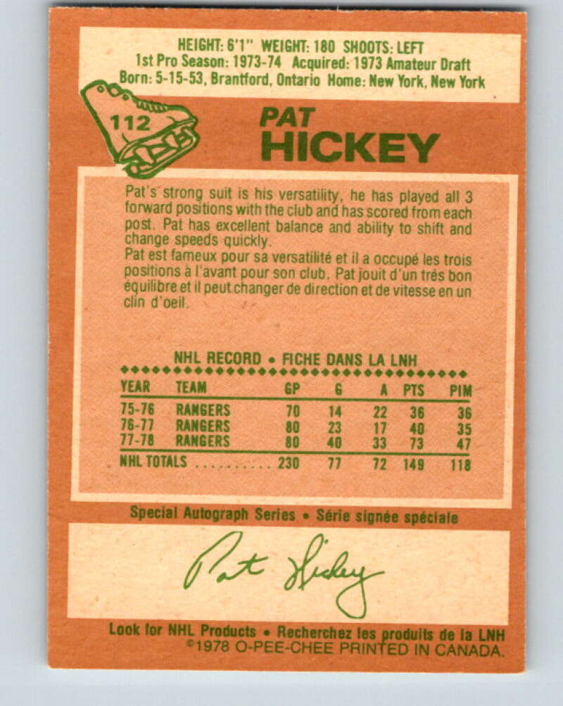 1978-79 O-Pee-Chee #112 Pat Hickey  New York Rangers  V22463