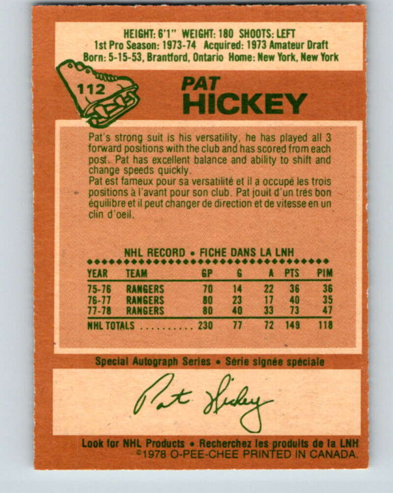 1978-79 O-Pee-Chee #112 Pat Hickey  New York Rangers  V22464