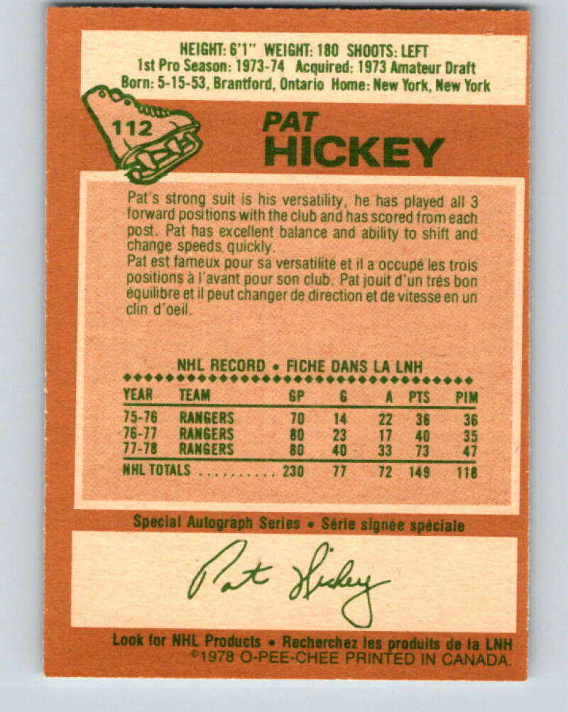 1978-79 O-Pee-Chee #112 Pat Hickey  New York Rangers  V22465