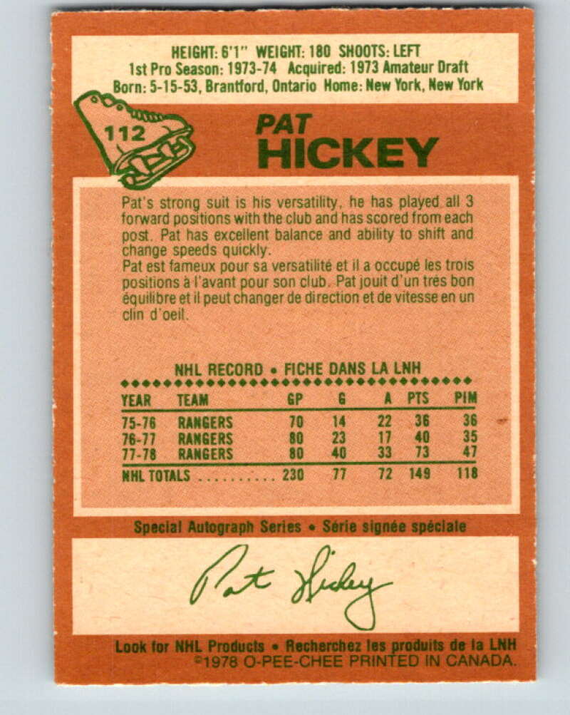 1978-79 O-Pee-Chee #112 Pat Hickey  New York Rangers  V22467