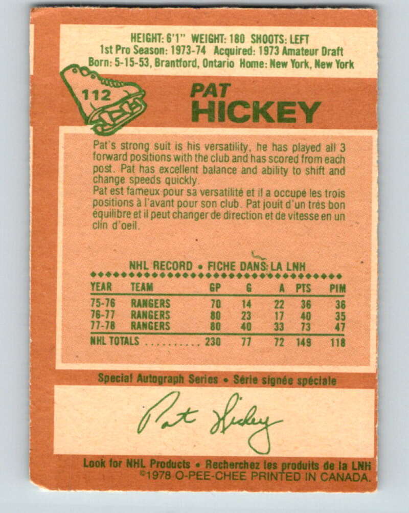 1978-79 O-Pee-Chee #112 Pat Hickey  New York Rangers  V22471