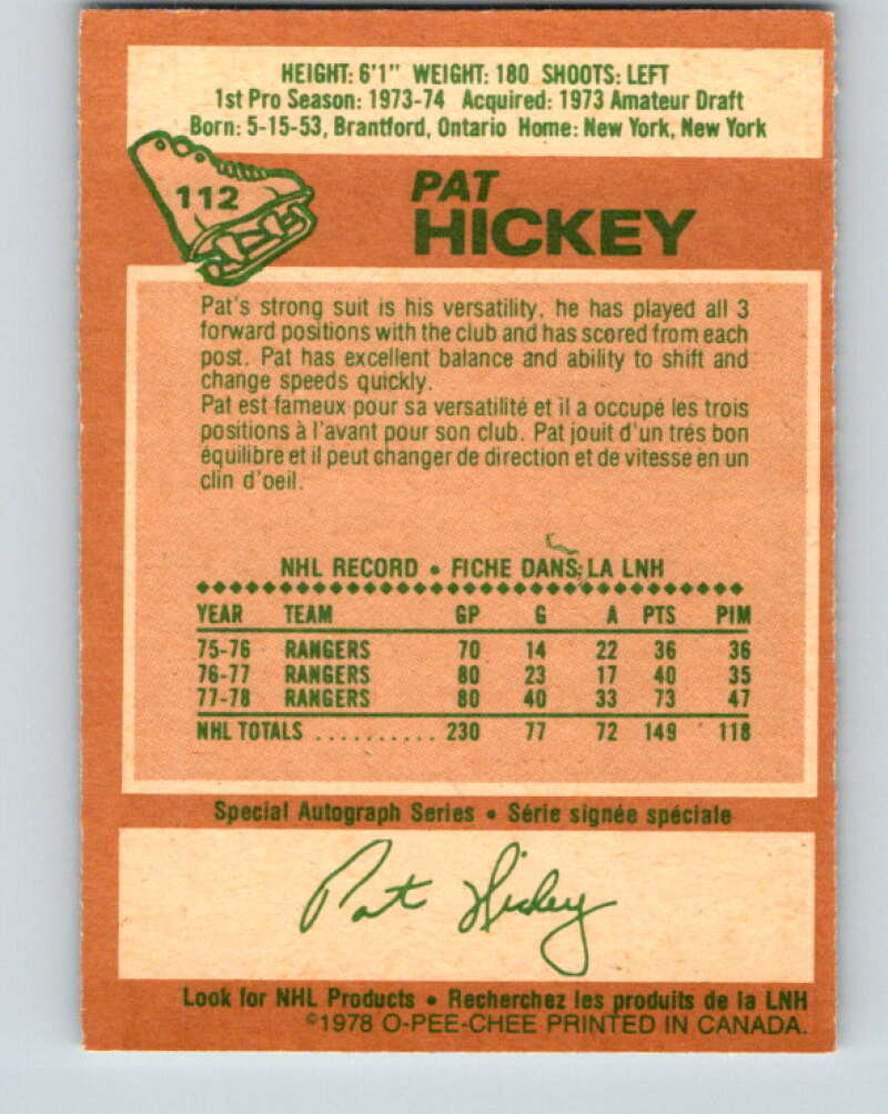 1978-79 O-Pee-Chee #112 Pat Hickey  New York Rangers  V22474