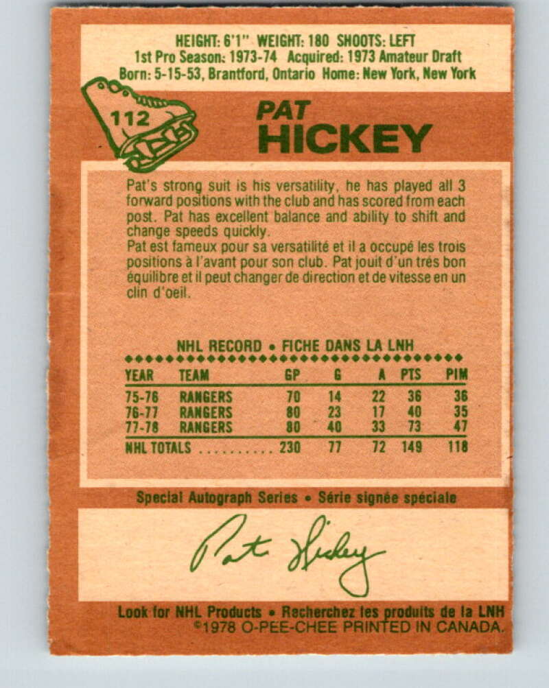 1978-79 O-Pee-Chee #112 Pat Hickey  New York Rangers  V22475