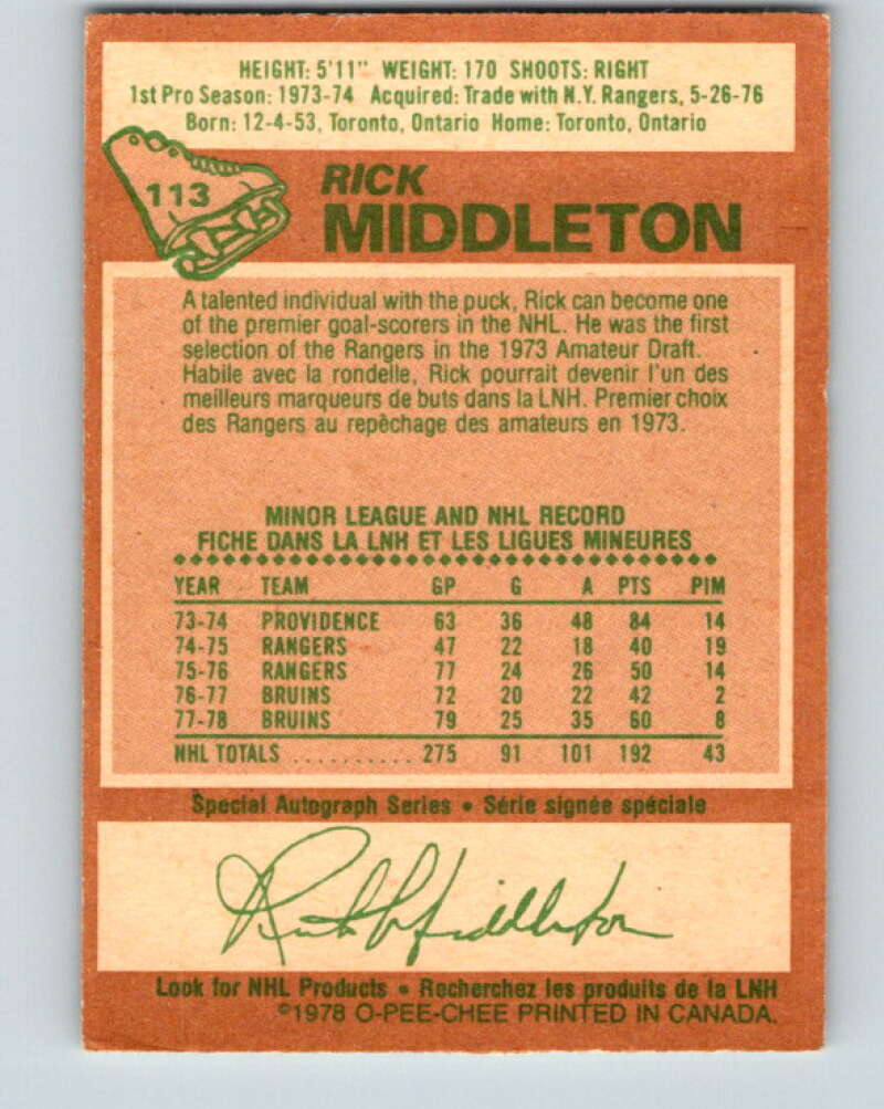 1978-79 O-Pee-Chee #113 Rick Middleton  Boston Bruins  V22476