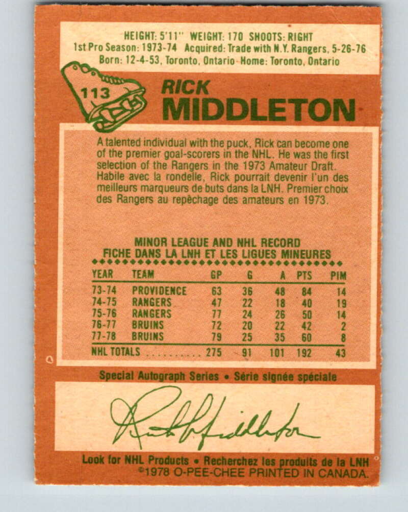 1978-79 O-Pee-Chee #113 Rick Middleton  Boston Bruins  V22477