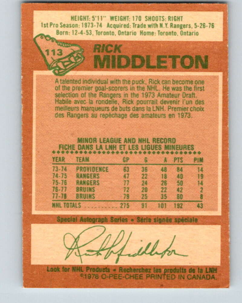 1978-79 O-Pee-Chee #113 Rick Middleton  Boston Bruins  V22479