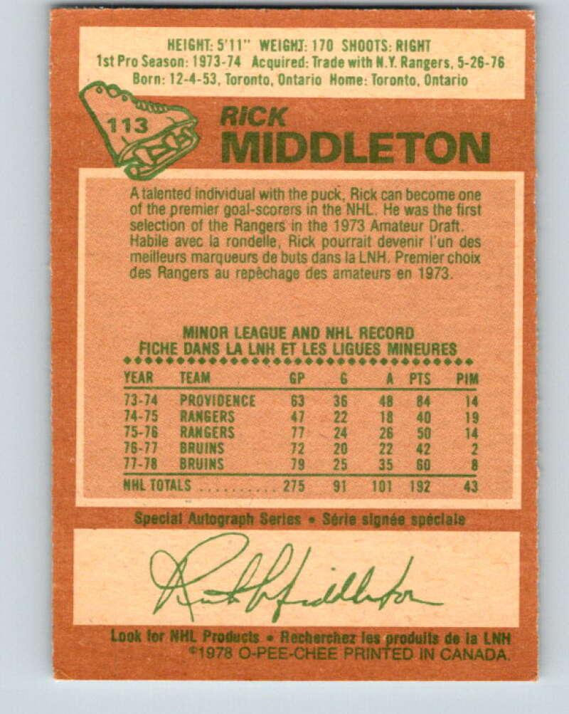 1978-79 O-Pee-Chee #113 Rick Middleton  Boston Bruins  V22480