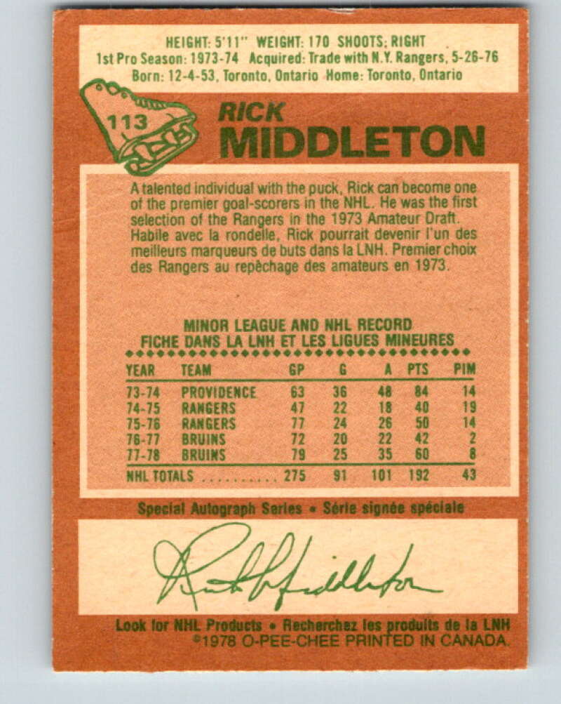 1978-79 O-Pee-Chee #113 Rick Middleton  Boston Bruins  V22482
