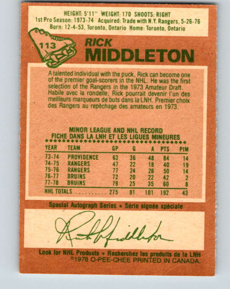 1978-79 O-Pee-Chee #113 Rick Middleton  Boston Bruins  V22484