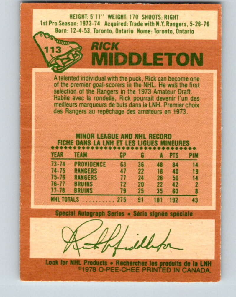 1978-79 O-Pee-Chee #113 Rick Middleton  Boston Bruins  V22485