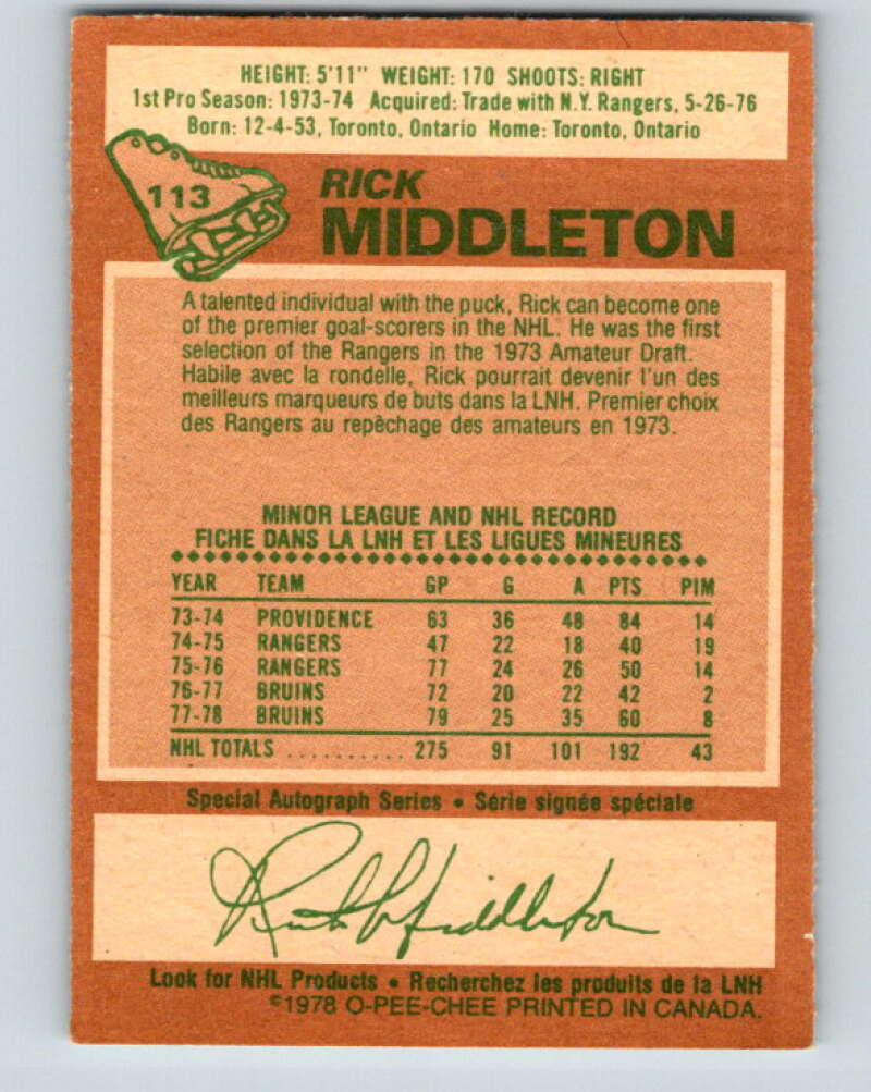 1978-79 O-Pee-Chee #113 Rick Middleton  Boston Bruins  V22486