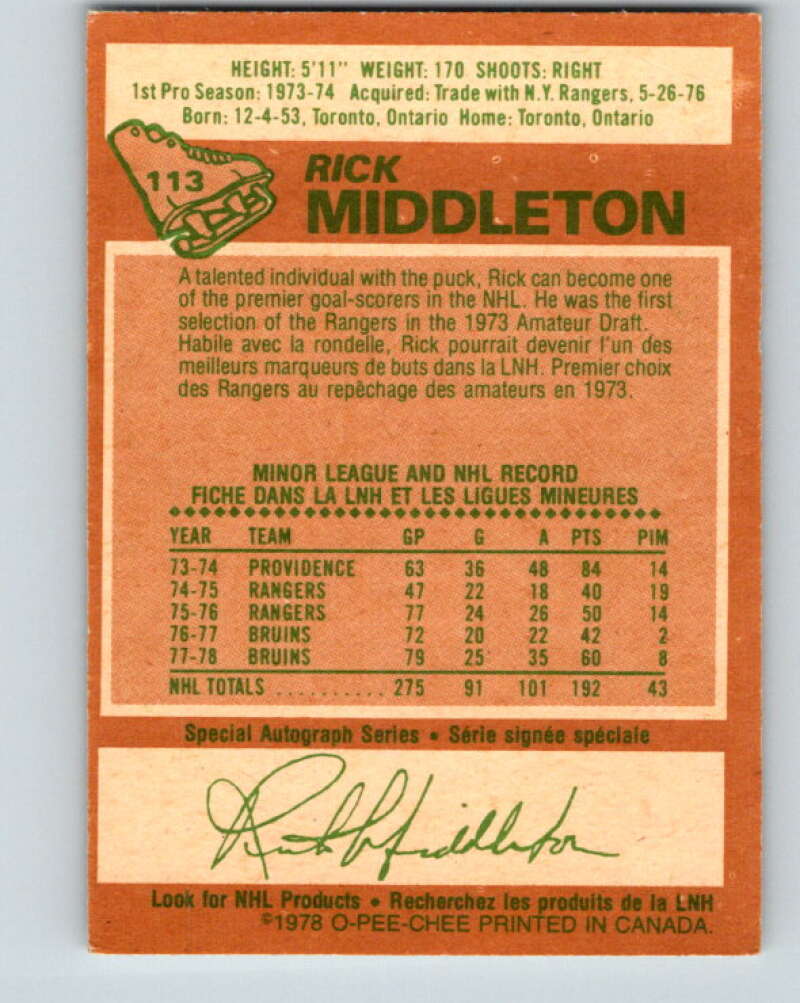 1978-79 O-Pee-Chee #113 Rick Middleton  Boston Bruins  V22488