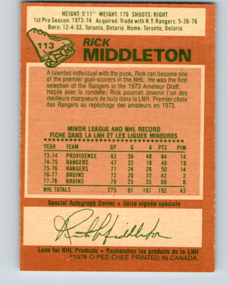 1978-79 O-Pee-Chee #113 Rick Middleton  Boston Bruins  V22489