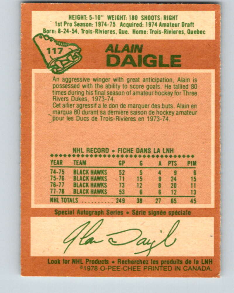 1978-79 O-Pee-Chee #117 Alain Daigle  Chicago Blackhawks  V22522