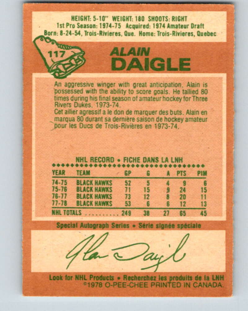 1978-79 O-Pee-Chee #117 Alain Daigle  Chicago Blackhawks  V22524
