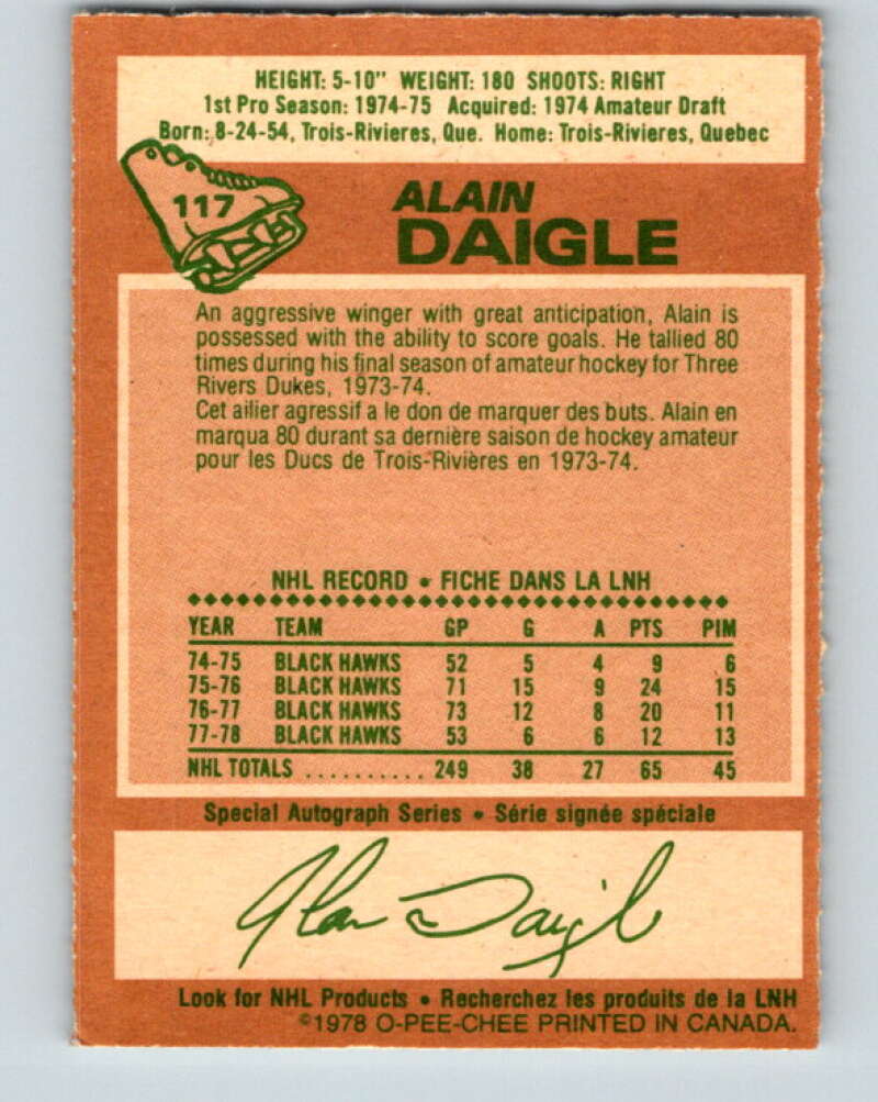 1978-79 O-Pee-Chee #117 Alain Daigle  Chicago Blackhawks  V22528