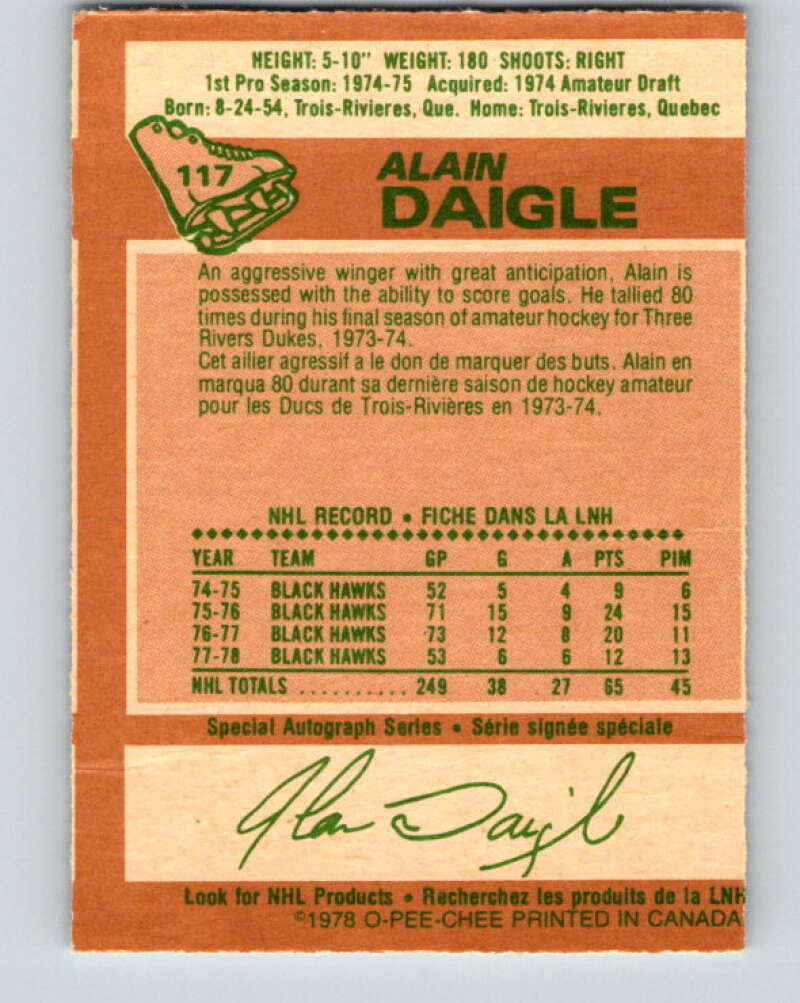 1978-79 O-Pee-Chee #117 Alain Daigle  Chicago Blackhawks  V22531