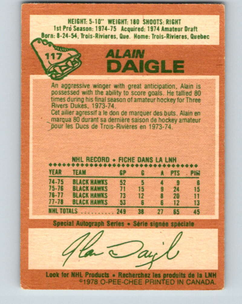 1978-79 O-Pee-Chee #117 Alain Daigle  Chicago Blackhawks  V22533