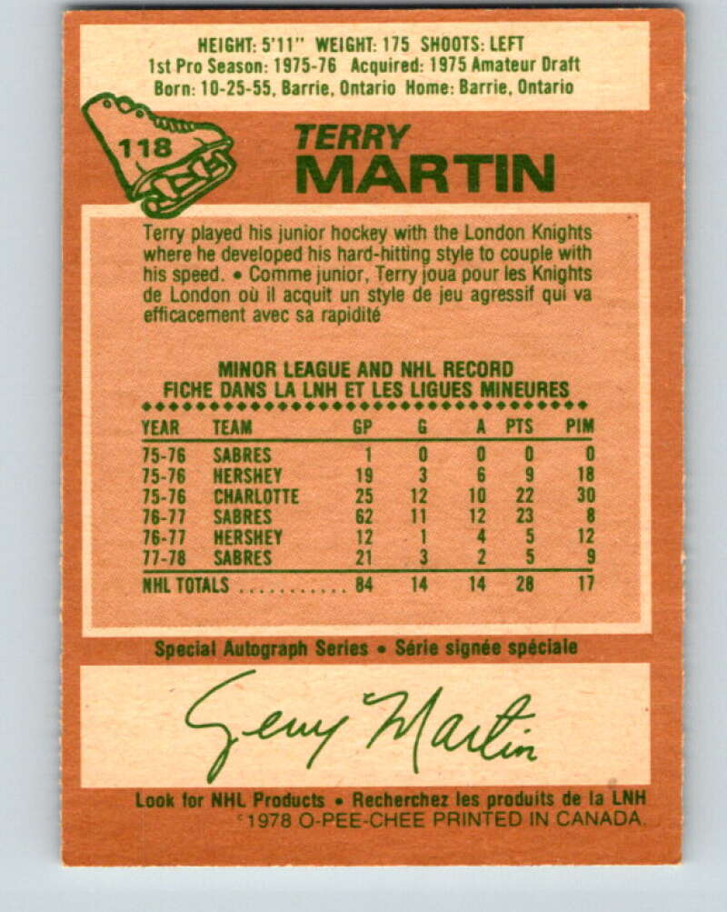 1978-79 O-Pee-Chee #118 Terry Martin  Buffalo Sabres  V22534