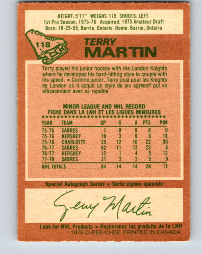 1978-79 O-Pee-Chee #118 Terry Martin  Buffalo Sabres  V22541