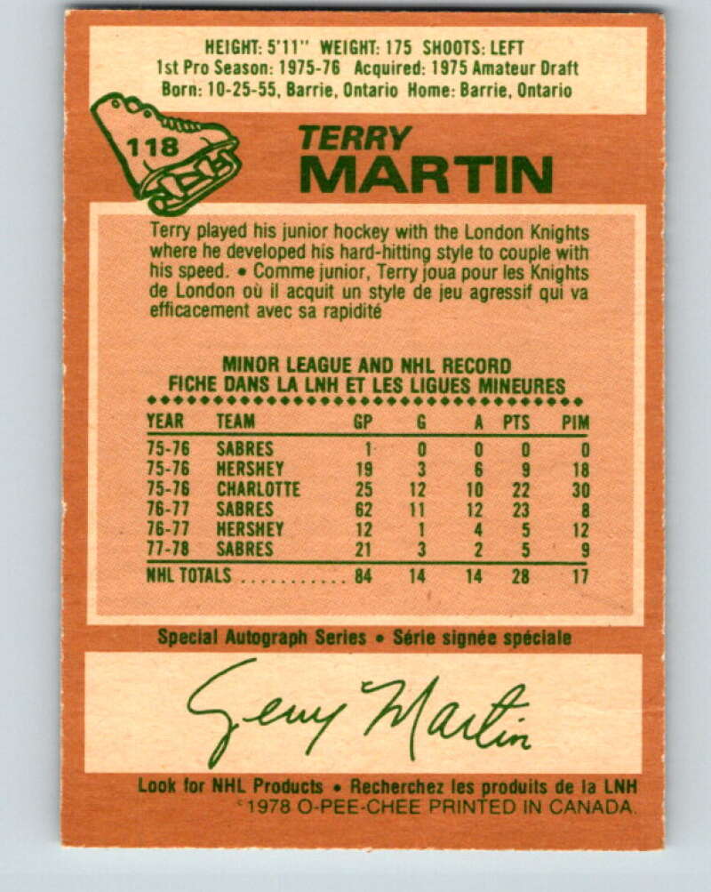 1978-79 O-Pee-Chee #118 Terry Martin  Buffalo Sabres  V22543