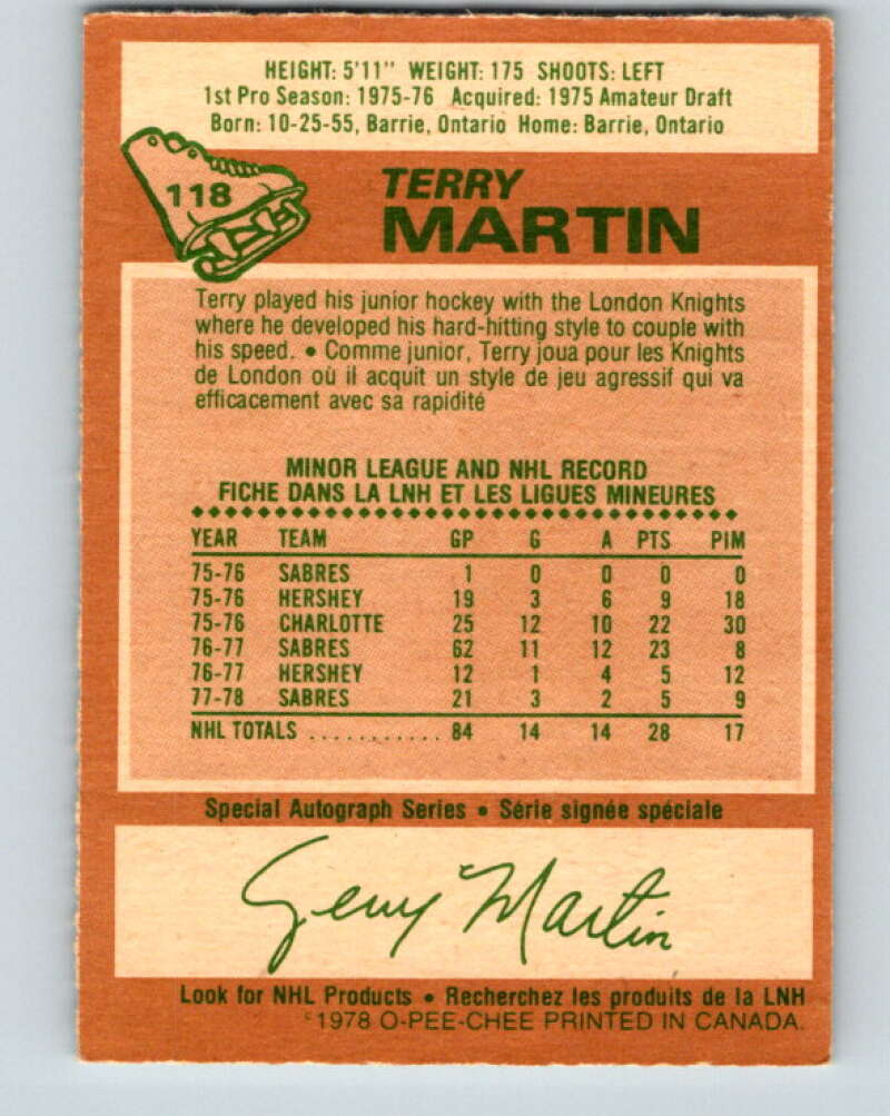 1978-79 O-Pee-Chee #118 Terry Martin  Buffalo Sabres  V22550