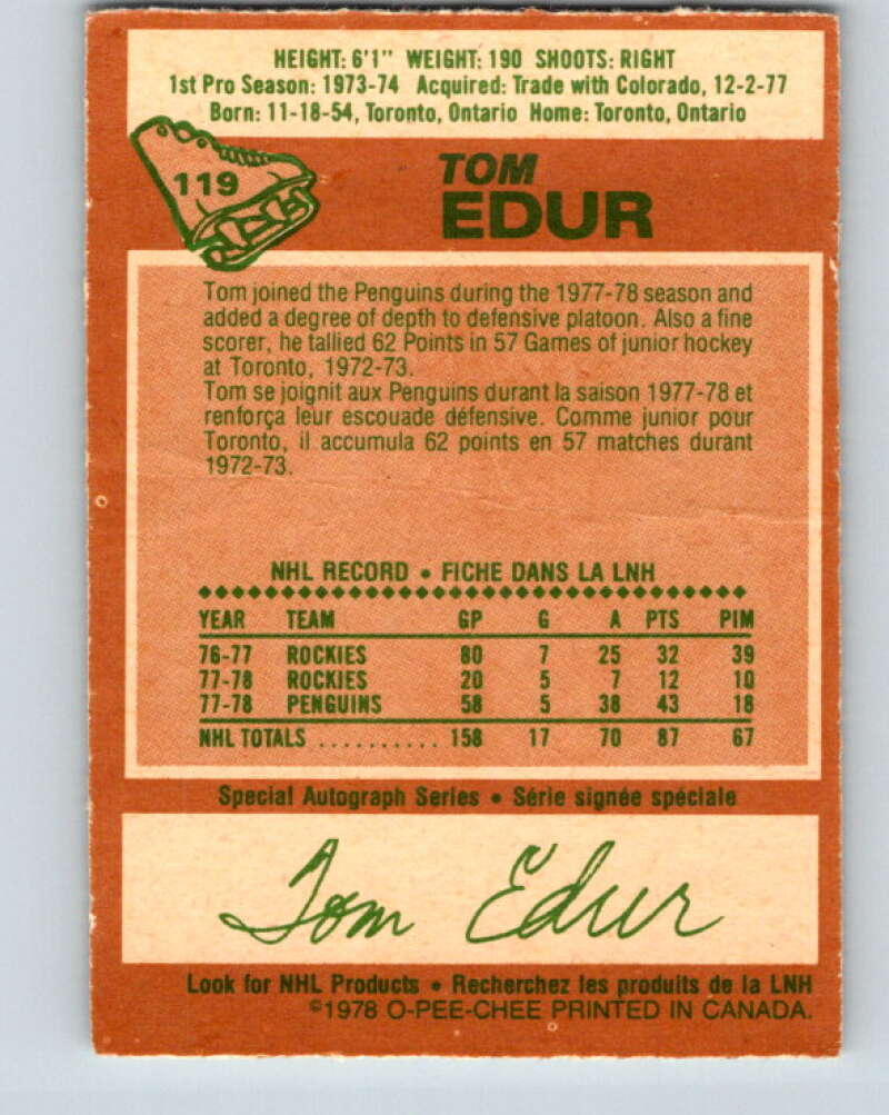 1978-79 O-Pee-Chee #119 Tom Edur  St. Louis Blues  V22552