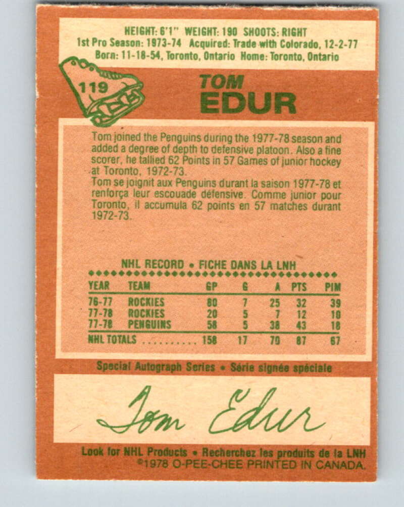 1978-79 O-Pee-Chee #119 Tom Edur  St. Louis Blues  V22553