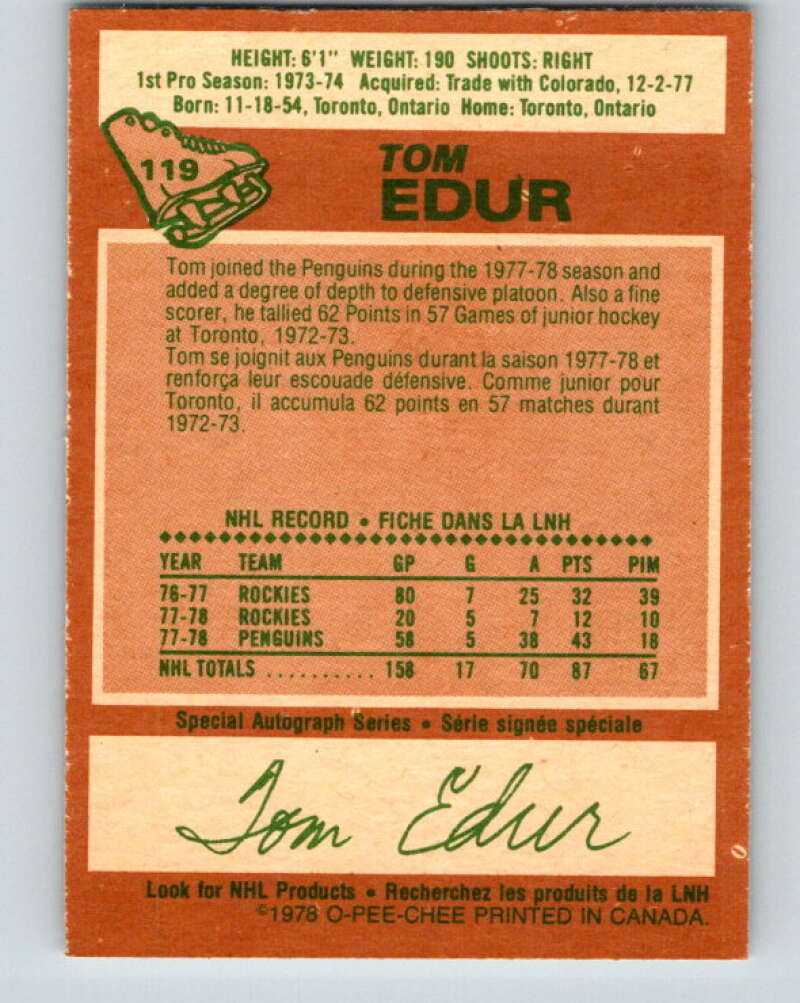 1978-79 O-Pee-Chee #119 Tom Edur  St. Louis Blues  V22555